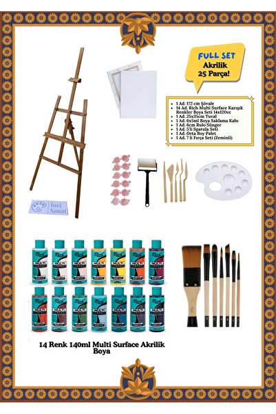 İNCİ TUVAL Şövale Akrilik Resim Boyama Başlangıç Full Karma Set Şövalye Tuval Tual Sehpa Seti Büyük Palet Fırça