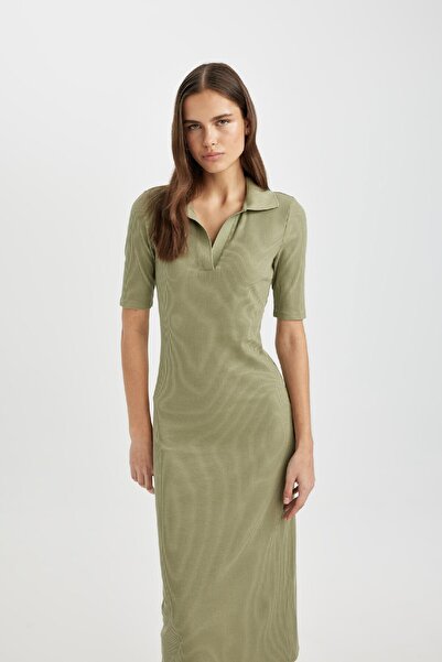 DeFacto Bodycon Polo Neck Fitted Basic Plain Ribbed Camisole Short Sleeve Midi Dress A2096Ax24Sp
