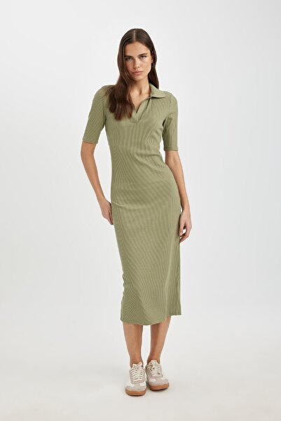 DeFacto Bodycon Polo Neck Fitted Basic Plain Ribbed Camisole Short Sleeve Midi Dress A2096Ax24Sp