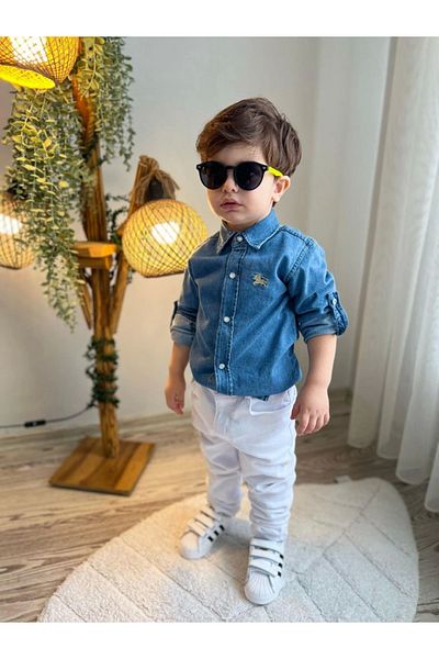 Kidmark Çocuk Modası Boy's Denim Shirt White Pants Suit