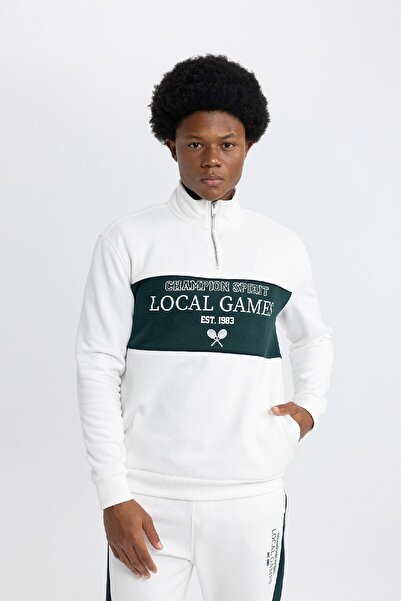 DeFacto Fit Stand Collar Half Zipper Printed Sportsman Sweatshirt A9872Ax23Wn