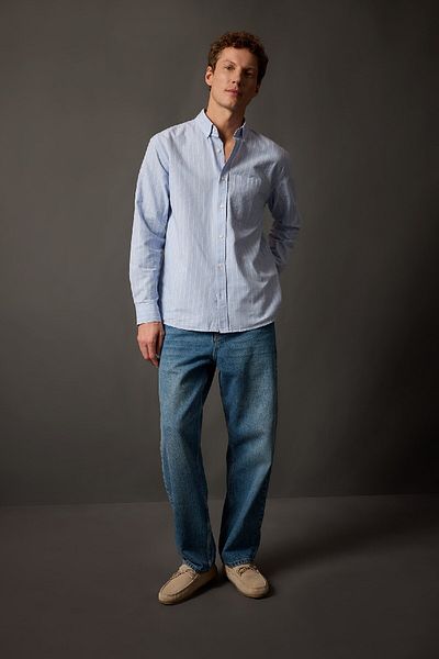 DeFacto Relax Fit Polo nyakú csíkos Oxford hosszú ujjú ing B3679ax24sp
