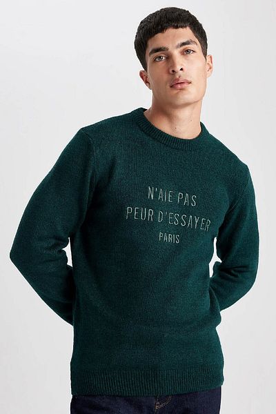 DeFacto Πλεκτό πουλόβερ Relax Fit Crew Neck με στάμπα B3856ax23wn