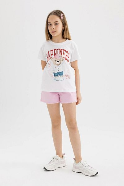 DeFacto Girl's Crew Neck Teddy Bear Printed Short Sleeve T-Shirt B5124A824Hs