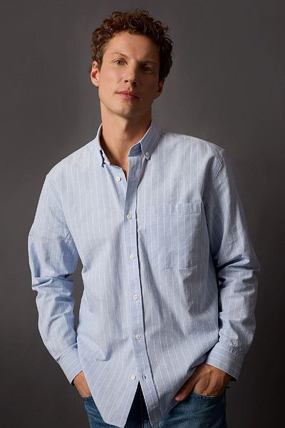 DeFacto Relax Fit Polo nyakú csíkos Oxford hosszú ujjú ing B3679ax24sp