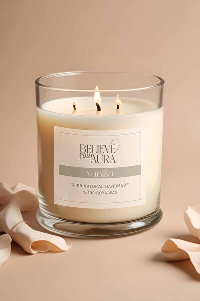 Believe Your Aura Vanilya Kokulu Büyük Kavanoz Mum - %100 Doğal Soya Mumu Ahş...