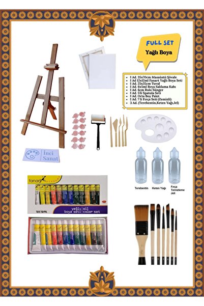 İNCİ TUVAL Masaüstü Şövale Yağlı Boya Resim Boyama Başlangıç Full Karma Set Şövalye Tuval Tual Seti Palet Fırça
