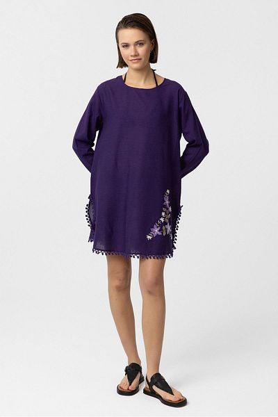 Deriderim Purple Embroidery Embroidered Long Sleeve Cotton Blouse Dress
