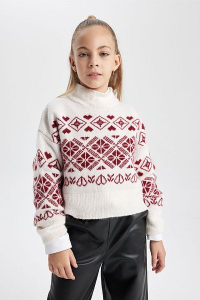 DeFacto Girl's Christmas Themed Crew Neck Knitwear Sweater B2666A823Wn