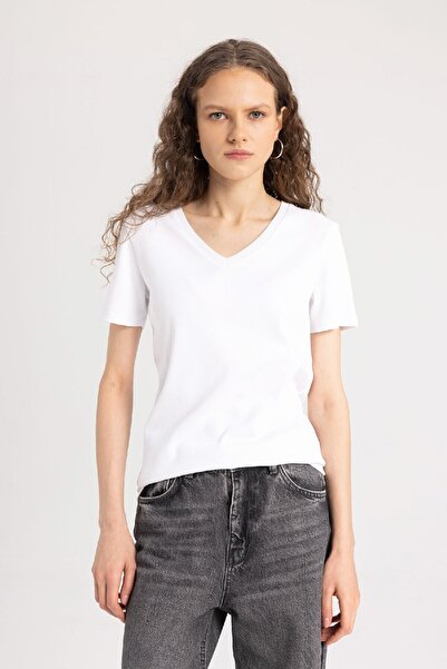 DeFacto Μπλουζάκι με ραβδώσεις με λαιμόκοψη V - 100% βαμβάκι, κοντό μανίκι I1080az24sm