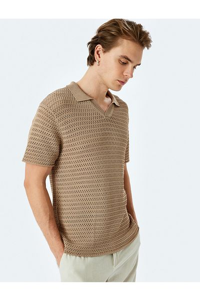Koton New Season Viscose Blended Polo V-Neck Textured Short Sleeve Knitwear T-Shirt