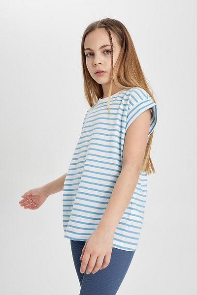 DeFacto Tricou supradimensionat pentru fetiță, cu mânecă scurtă, cu decolteu în dungi B6694a824sm