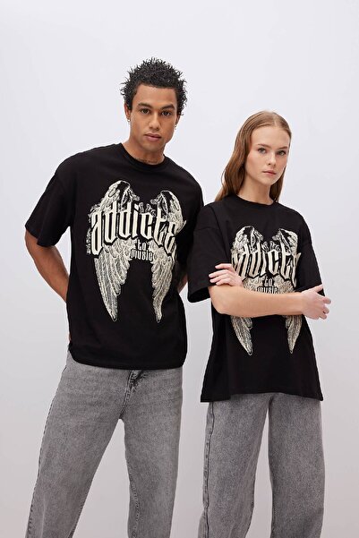 DeFacto Unisex Oversize Geniş Kalıp Bisiklet Yaka Baskılı Kısa Kollu Tişört B6802ax24sm