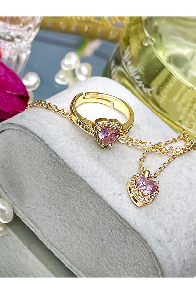 S.POLO ÇELİK KADIN KOLYE YÜZÜK TAKIM SET PEMBE TAŞLI