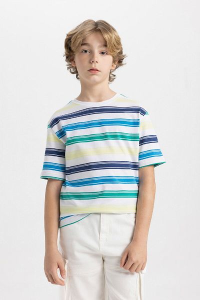 DeFacto Tricou cu mânecă scurtă din bumbac, cu dungi, cu gâtul turn, pentru băiat B6389A824HS