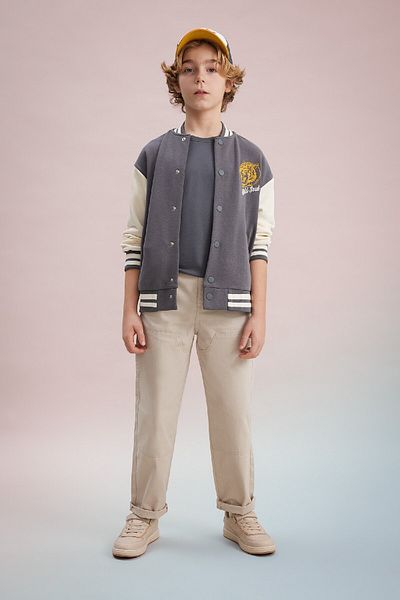 DeFacto Boy's College Collar Snap Closure Pocket Seasonal Back Printed Bomber Cardigan B6419A824Sp
