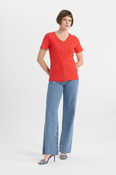 DeFacto V-Neck Slim Fit Rib T-Shirt - 100% Cotton, Short Sleeve I1080Az24Sm