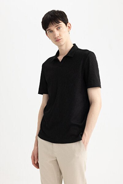 DeFacto Slim Fit Slim Fit Polo γιακά κοντομάνικο μαύρο μπλουζάκι W9274az24sm