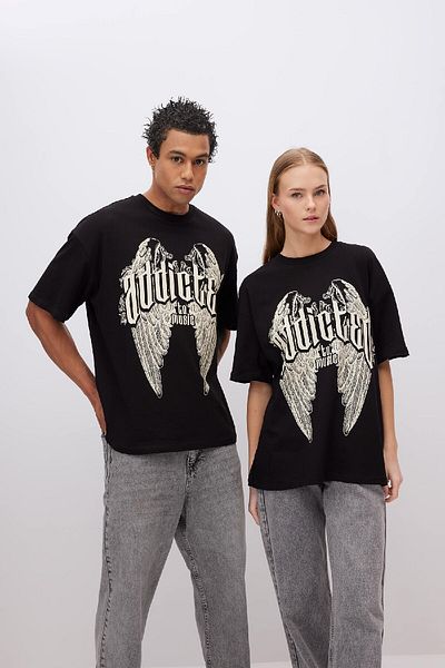 DeFacto Μπλουζάκι Unisex Oversize Wide Fit Crew με εμπριμέ κοντομάνικο μπλουζάκι B6802ax24sm