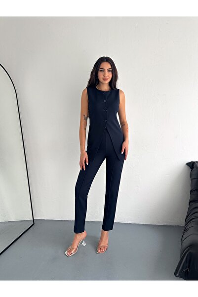 diaves الأزرق الداكن طاقم الرقبة بلا أكمام سترة عالية الخصر سليم صالح بنطلون ...