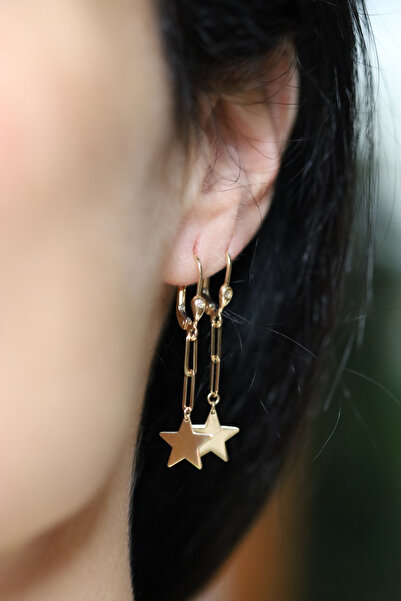 Yenigün Kuyumculuk 14 Ayar Altın Yıldız Detaylı Ataç Zincirli Küpe