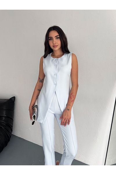 diaves Vestă fără mâneci cu decolteu albastru deschis, pantaloni slim cu talie înaltă, set din două piese din țesătură dublă
