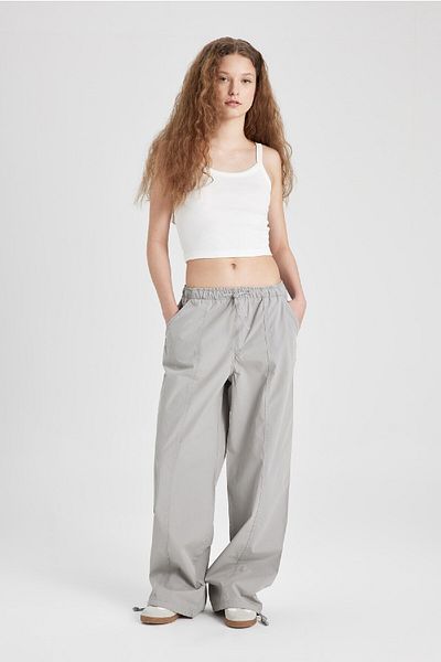 DeFacto Poplin Pants Wide Leg Double Pockets High Stretchy Waisted Standard Length Adjustable Elastic Leg B751