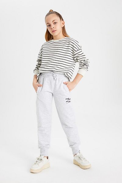 DeFacto Gray Jogger Sweatpants - Girl'S, Printed, Lace-Up Waist, Elastic Leg, Pockets B6401A824Sm