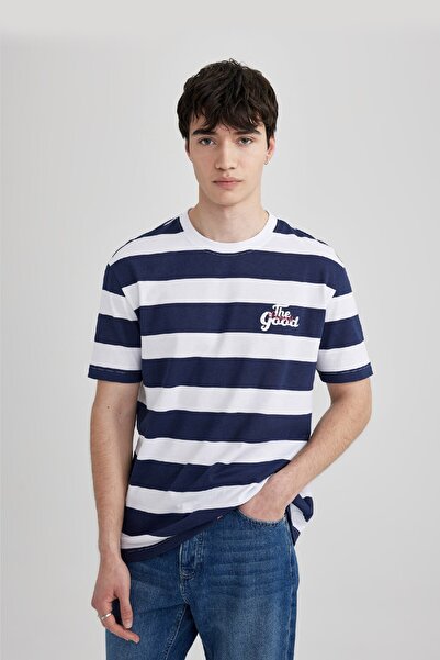 DeFacto Crew Neck Striped Back Printed Short Sleeve T-Shirt - Regular Fit B8936ax24sm