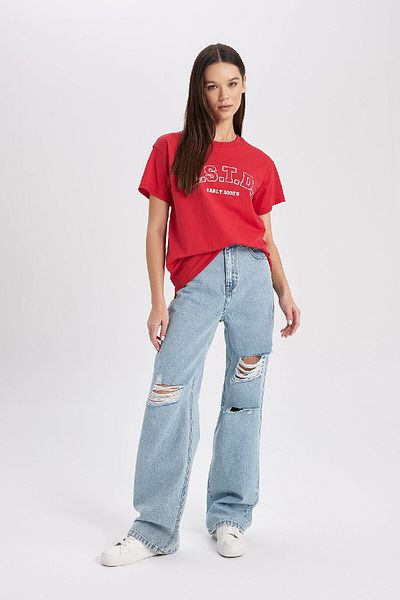 DeFacto Regular Fit Crew Neck nyomott rövid ujjú piros póló B6756ax24sm