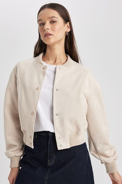 DeFacto Basic Suede Bomber Coat – College Collar, Straight Snap B8822Ax24Sp