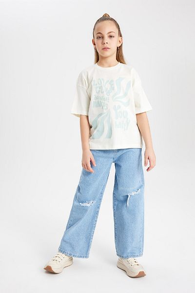 DeFacto Girl's Crew Neck Printed Relax Fit T-Shirt - Short Sleeve B5097A824Sm