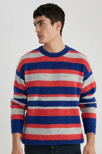 DeFacto Standard Fit Striped Crew Neck Knitwear Sweater B8775Ax23Cw