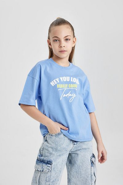 DeFacto Tricou cu mânecă scurtă imprimat cu mânecă scurtă pentru fetiță, cu croiala largă, B5129a824sm