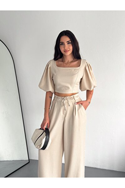 diaves Beige Square Collar Crop Blouse Bpl Leg Trousers Double Sofia Linen Set