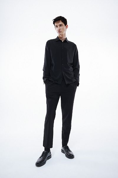 DeFacto Slim Fit Slim Fit Polo Collar Stretch Fabric Basic Απλό μακρυμάνικο μαύρο πουκάμισο B6491ax24sp