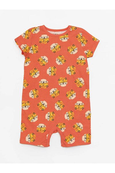 LC Waikiki Lcw Baby Orange Crew Neck Short Sleeve Printed Baby Boy Jumpsuit