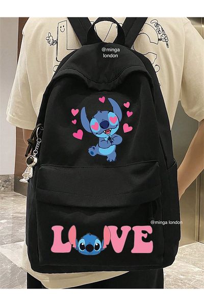 Minga London Stitch Love Eyes Double Printed School, Sala de clasă, Rucsac de buzunar frontal pentru cursuri -Minga London