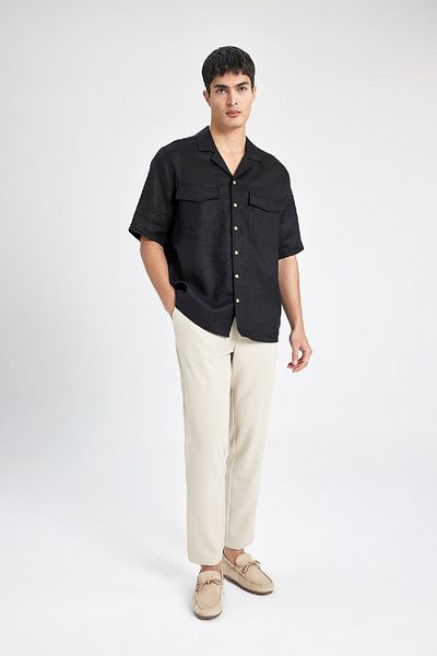 DeFacto Relax Fit Polo γιακά λινό Basic μονόχρωμο κοντομάνικο πουκάμισο B6687ax24sp