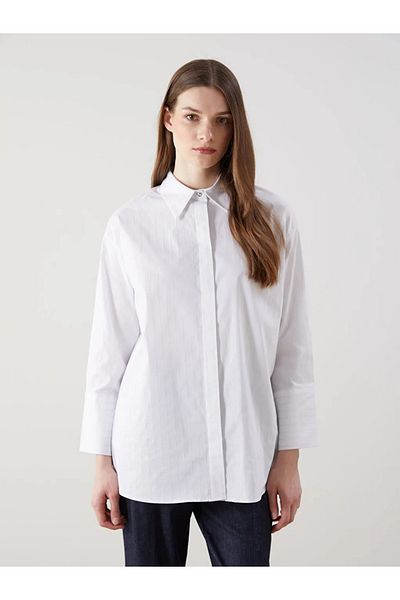 LC Waikiki Lcw Modest Grey Striped Poplin Women's Shirt Tunic