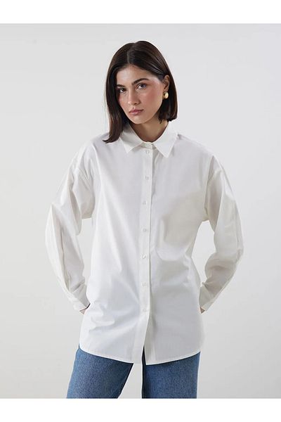 LC Waikiki Lcw Modest Ecru Strappy Wallet Detailed Oversize Women's Shirt Tunic