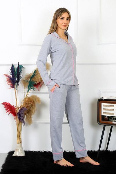modaserdem Costum de pijama cu nasturi din bumbac pieptănat cu mânecă lungă pentru femei Mdsrdm-gri-100% bumbac