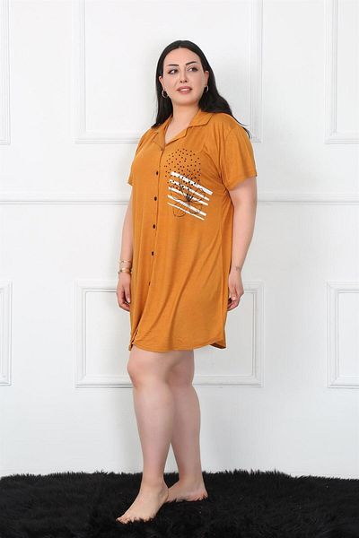 modaserdem Mdsrdm Women's Large Size Combed Cotton Buttoned Tunic Nightgown