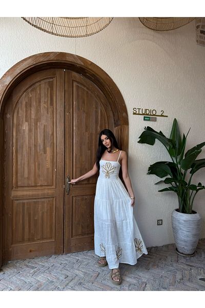 FASHION COCKTAIL Gold Embroidery Leaf Strap Elegant Seaside Long Dress