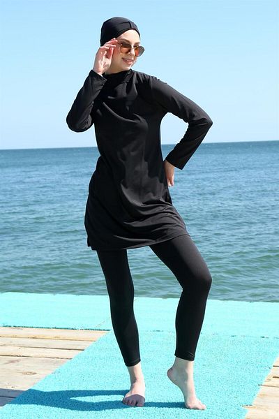 modaserdem Costum de baie Mdsrdm cu mânecă lungă din Lycra neagră Hijab