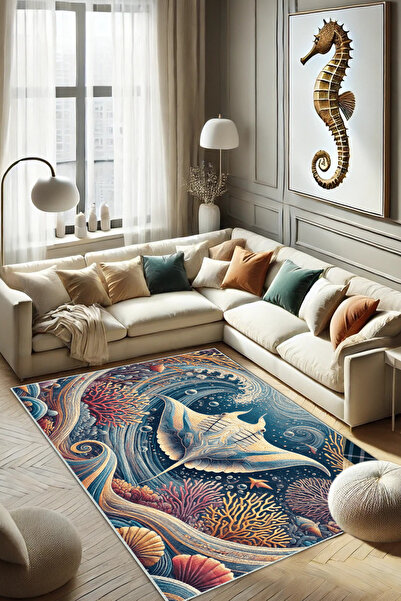 The Reef Design Vatoz Balıklı Su Altı Deniz Temalı Kaymaz Yıkanabilir Balık D...