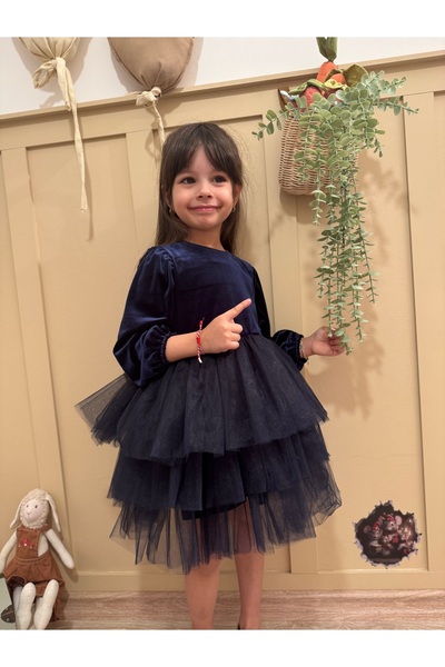 penu baby kids Lacivert Kadife Kumaş Eteği Katlı Kız Çocuk Kız Bebek Elbise