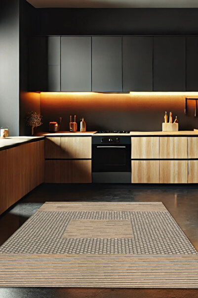 The Reef Design Bej Modern Desenli Yıkanabilir Dokuma Kaymaz Tabanlı Mutfak H...