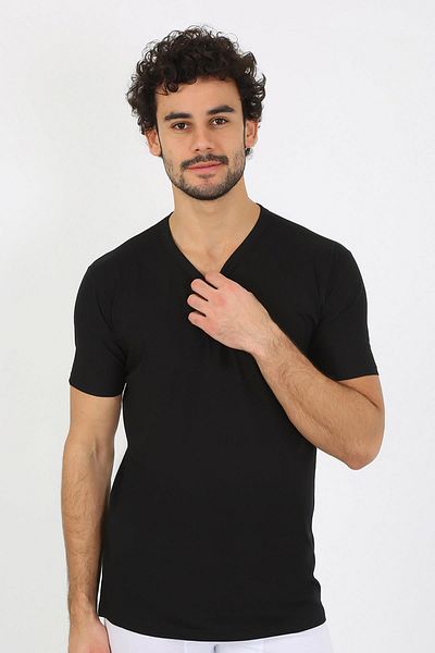 modaserdem Mdsrdm Men's Short Sleeve V-Neck Combed Cotton Undershirt-Black
