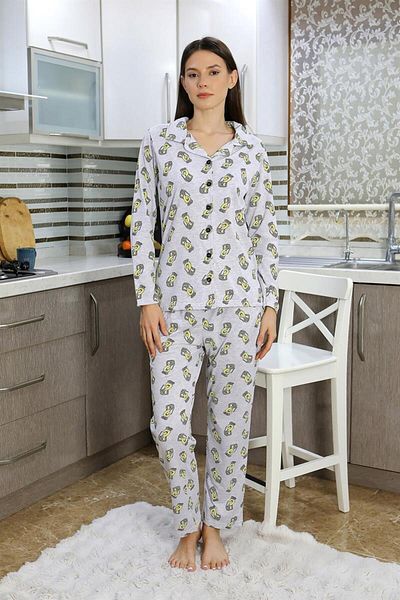 modaserdem Mdsrdm Women's Long Sleeve Combed Cotton Buttoned Pajama Suit-Grey-100% Cotton